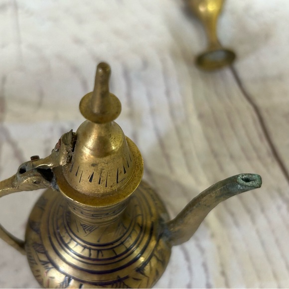6 Pc Set Brass Teapot coffee pot Goblets Brass Intricate Etched Mini Doll - Picture 9 of 14